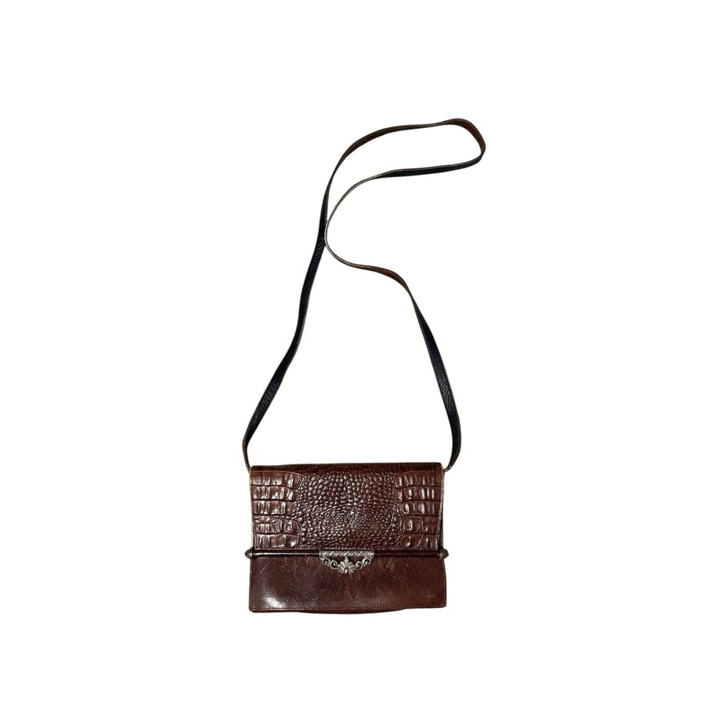 Vtg Brighton Brown Croc Embossed Leather Crossbody Purse Wallet Double Side‎
